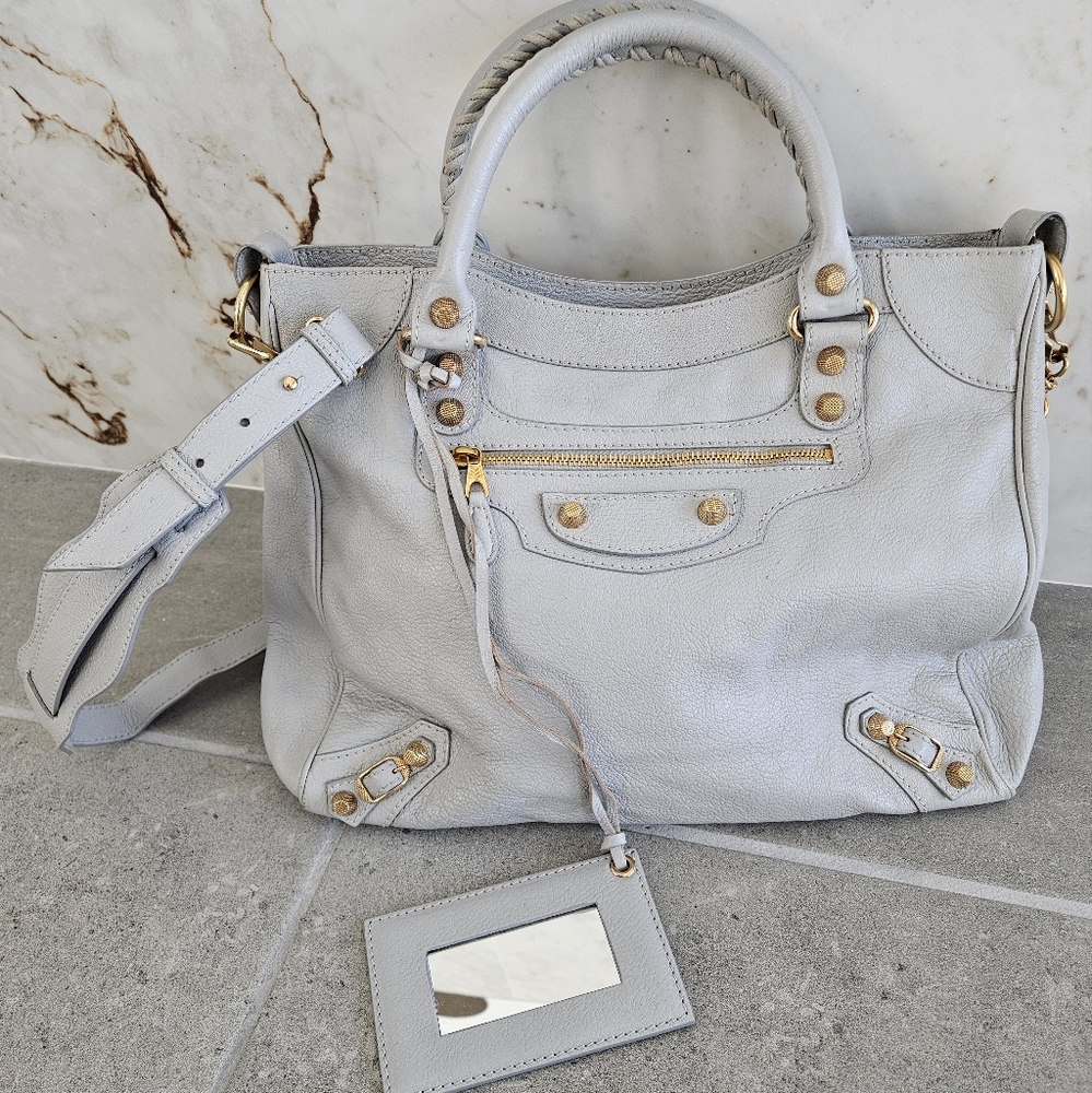 Balenciaga Light Grey City Bag with Crossbody Strap Gold accs. Medium